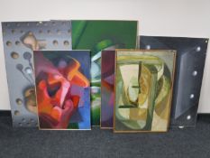 Six framed abstract paintings on canvas