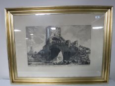 A gilt framed antiquarian black and white etching - Veduta Del Ponte Salario