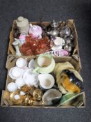 Two boxes containing plated tea service, glass and china trinket sets, tea china,