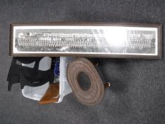 A box containing a five piece metal HSBC metal bank sign, a carved Eastern stool,