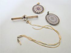 A box containing a 9ct gold two tone bracelet together with a 9ct gold bar brooch and two sterling