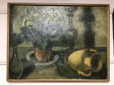 Continental school : Still life with flowers in vase, oil on canvas, framed.