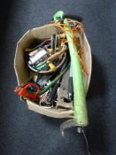 A box of a quantity of hand tools, garden tools,