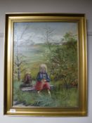 A gilt framed continental school, oil on canvas, figures seated in a garden,