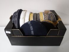 A box containing fourteen spools of vintage Silver Cross pram trim