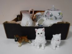 Three Sindicast figures of dachshunds, box of pottery jug & basin, animal figures,