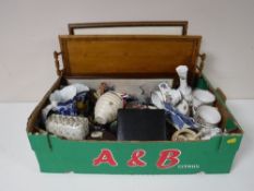 A tray containing assorted tea china, preserve pots, blue and white jugs animal figures,