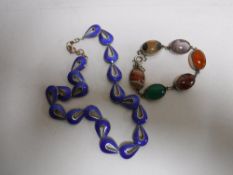 A silver gilt blue enamel necklace together with an agate bracelet (2)