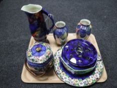 A tray of Maling storm jug and two vases, Maling clemantis biscuit barrel, Maling wall plate,
