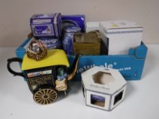 A box containing Ringtons landmarks vase, novelty tea pots, caddies,