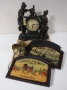 A tray of contemporary Julianna Quartz mantel clock, three wooden wall plaques,