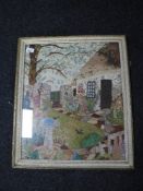 A tapestry framed picture - cottage and garden