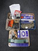 A tray and four boxes containing a quantity of Hornby Dublo track, buildings, accessories,