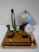 A tray containing art deco desk stand, an art deco bakelite table lamp, a metal Chad Valley globe,