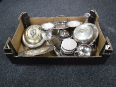 A box of 20th century plated ware - muffin dish, entree dish, serving tray,