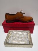 A pair of boxed Trickers bench made brown leather shoes and a vintage beaded purse