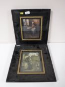 A pair of antiquarian framed prints, woman reading by spinning wheel,