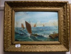 An early 20th century gilt framed oil on board - sail boats in choppy waters initialled M.O.