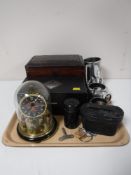 A tray of Victorian mahogany caddy, pair of boxed Edinburgh International engraved whiskey tumblers,