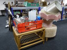 A conservatory side table, wicker stool,