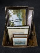 A box containing framed prints, sailing scenes, colour etchings, a Kate Holland oil on board,