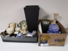 Two boxes containing blue and white dinnerware, Ringtons caddie, hand painted glass vase,