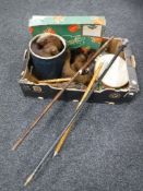 A box containing furs, vintage leather ladies handbag, two walking canes, one with silver mount,