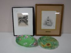 A Maling shallow bowl decorated with flowers, together with a Spode china plate,