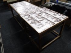An oak tiled topped coffee table with similar lamp table