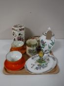 A tray of five pieces of Masons Mandolay china, pair of Carlton Ware lustre grapefruit dishes,