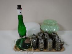 A tray of eleven table lighters in the form of tankards, opaline glass light shade,