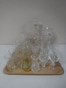 A tray containing assorted cut glass and lead crystal vases, decanters, drinking glasses, etc,