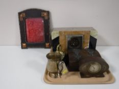 A tray containing a part art deco, marble mantel clock, photo frame, metal bound casket,