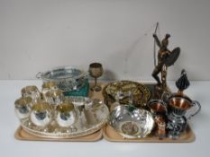 Two trays containing assorted plated ware, serving tray, a figure on marble base of a warrior,