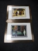 A pair of colour prints - figures in a street.