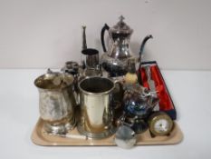 A tray containing assorted twentieth century plated ware, including tea pot, serving tray ,