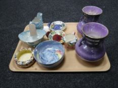 A tray of nine pieces of Maling ware - purple vases, milk jug & sugar basin,