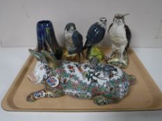 A tray containing three whytermackay birds of prey decanters,
