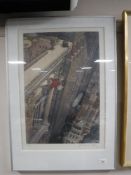 A contemporary framed limited edition print - woman hanging from a New York skyline by Scluitch