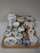 A tray containing assorted ginger jars with lids, Wedgwood clementine pill boxes, vases,