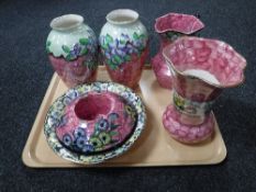 A tray of six pieces of pink lustre Maling ware