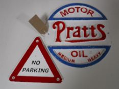 Two cast iron plaques - Pratts Motor OIl and No Parking
