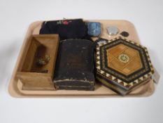 A tray of trinket boxes of costume jewellery, lady's bags, pocket compasses,