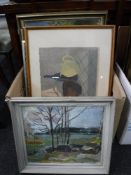 A box of continental school oils and prints - abstract, figures in garden dated Gorm dated '52,
