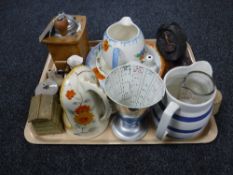 A tray of coffee grinder, Staffordshire milk jug, vintage cooks measure,