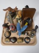 A box and tray containing Danbury mint collectors plates, animal ornaments, assorted china, etc