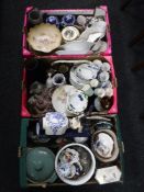 Three boxes containing assorted china, including Denby dinner ware, Wedgwood cups and saucers,