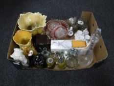 A box containing assorted glassware, decanters, paperweights, salt and pepper mill,