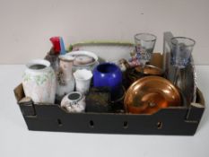 A box containing assorted china, graduated copper lidded pans, glassware,