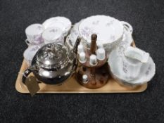 A tray of German china tea service, Royal Worcester silvered teapot,